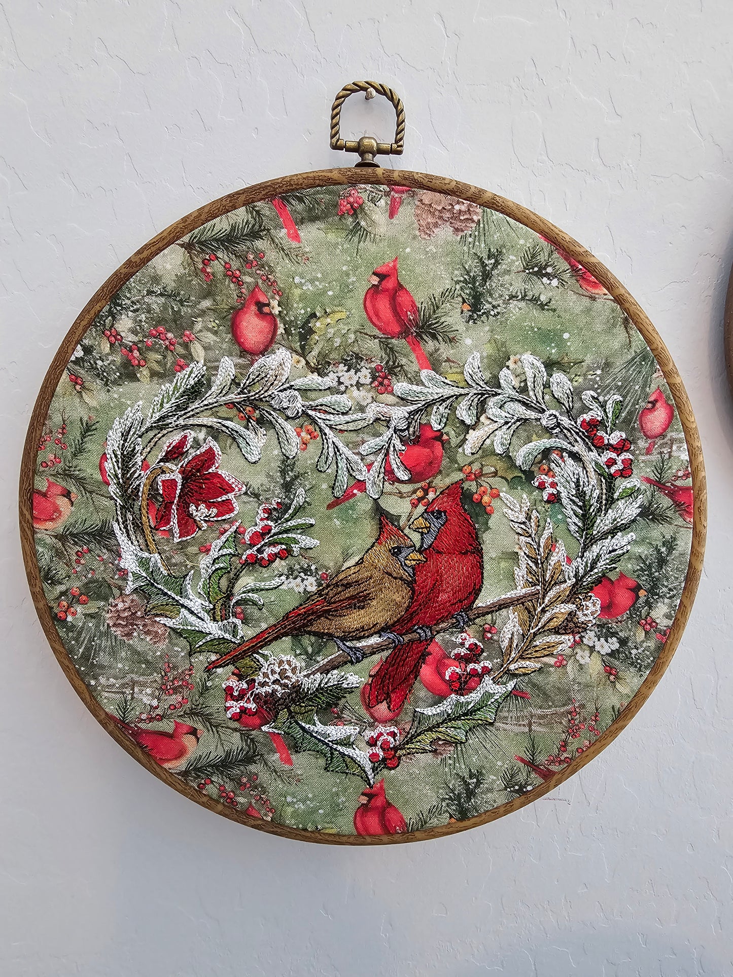 Cardinal Winter Heart Embroidery Wreath Wall Hanging