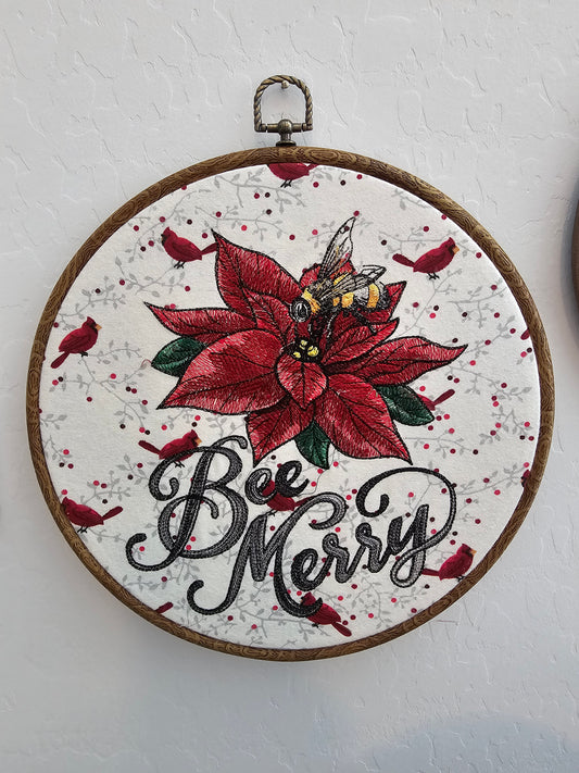 Bee Merry Poinsettia Embroidery Wreath Wall Hanging