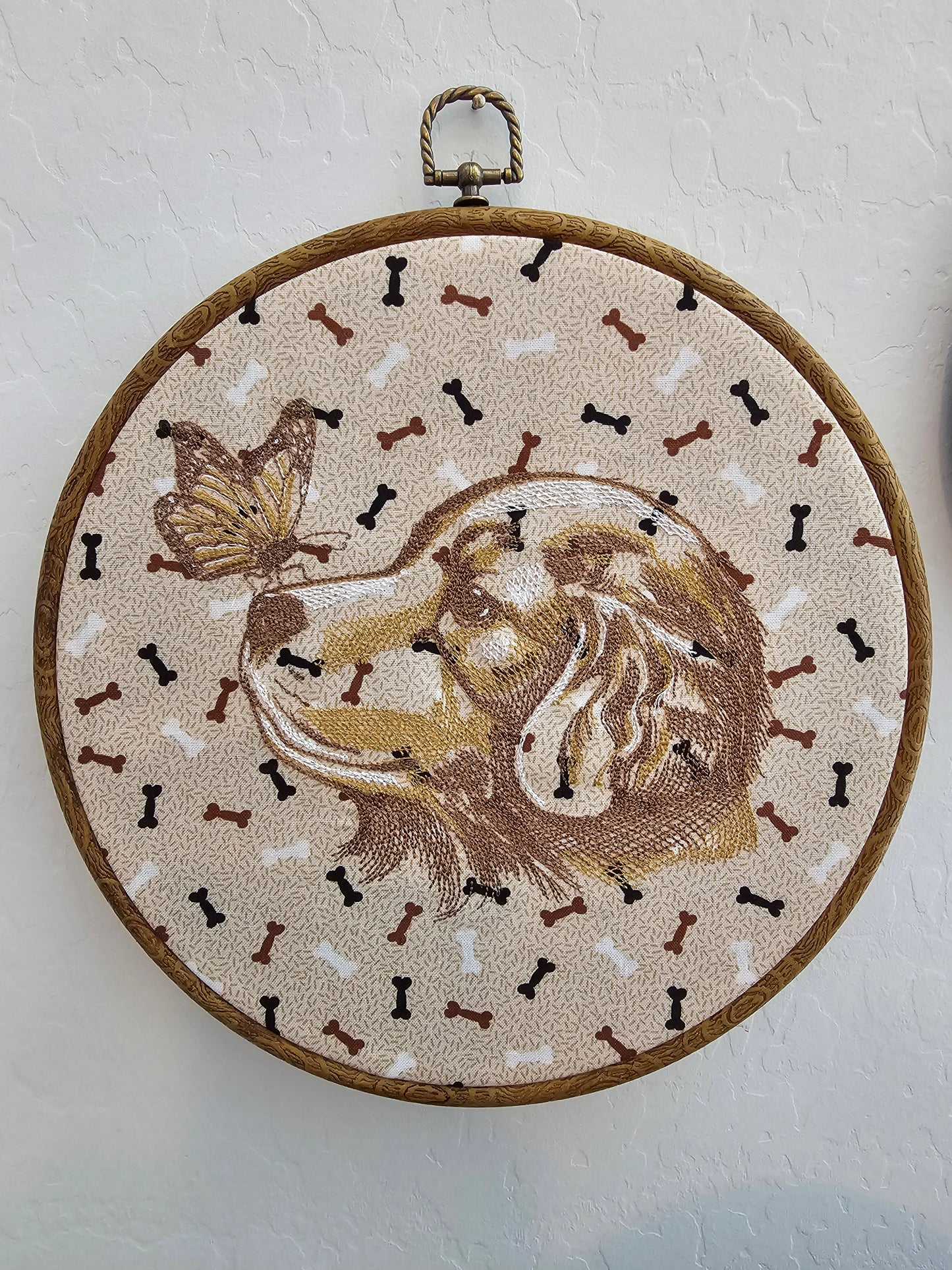 Dog Butterfly Embroidery Wreath Wall Hanging