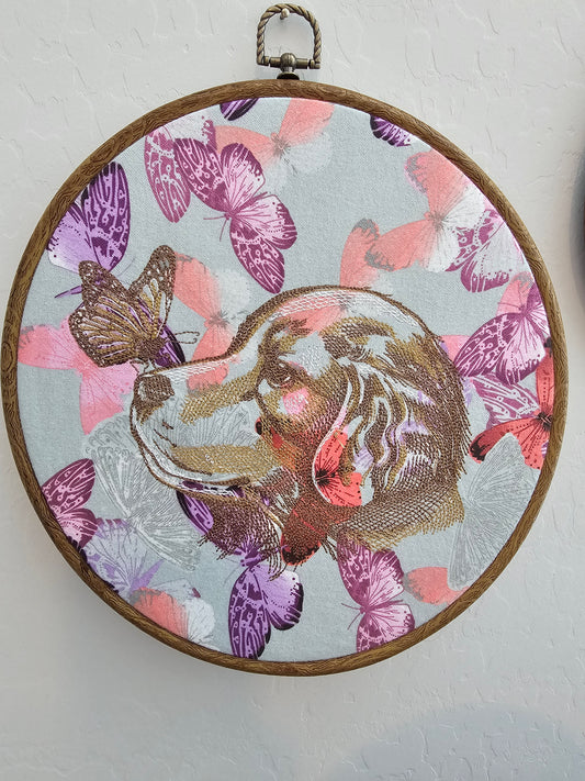 Dog Butterfly Embroidery Wreath Wall Hanging