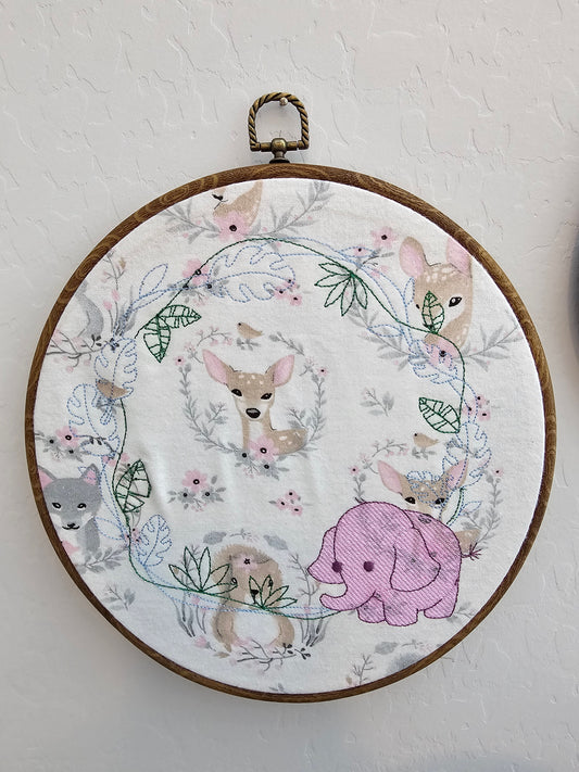 Nursery Pink Elephant Embroidery Wreath Wall Hanging