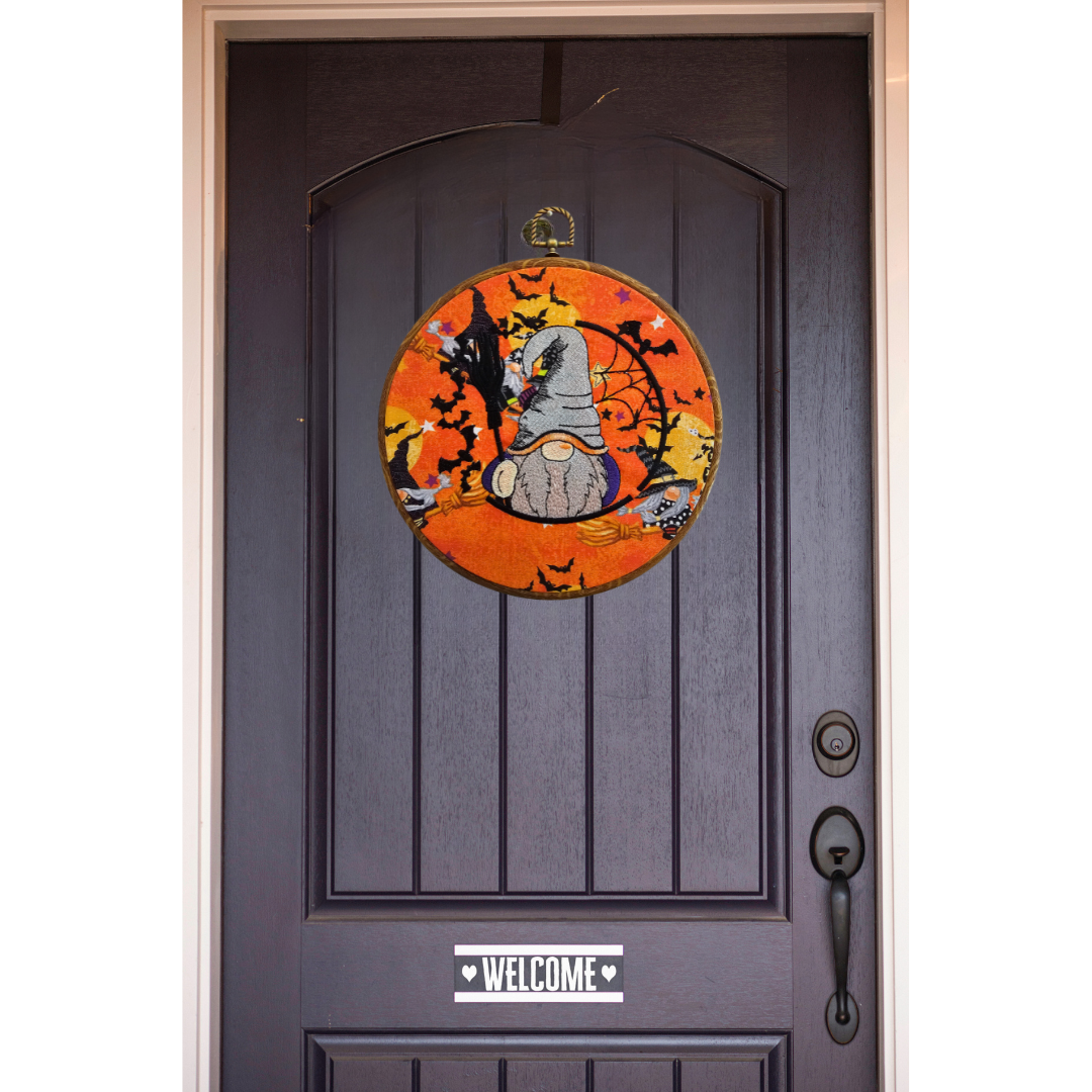 Halloween Gnome Embroidery Wreath Wall Hanging