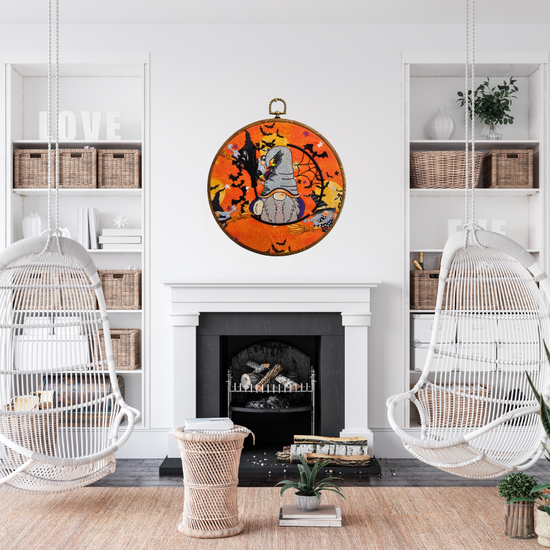 Halloween Gnome Embroidery Wreath Wall Hanging