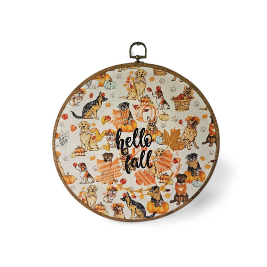Dog Pumpkins Hello Fall Embroidery Wreath Wall Hanging