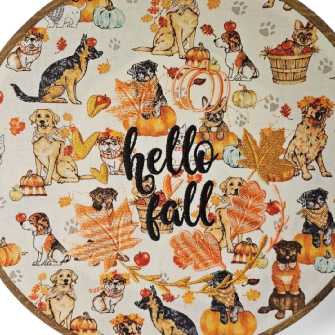 Dog Pumpkins Hello Fall Embroidery Wreath Wall Hanging