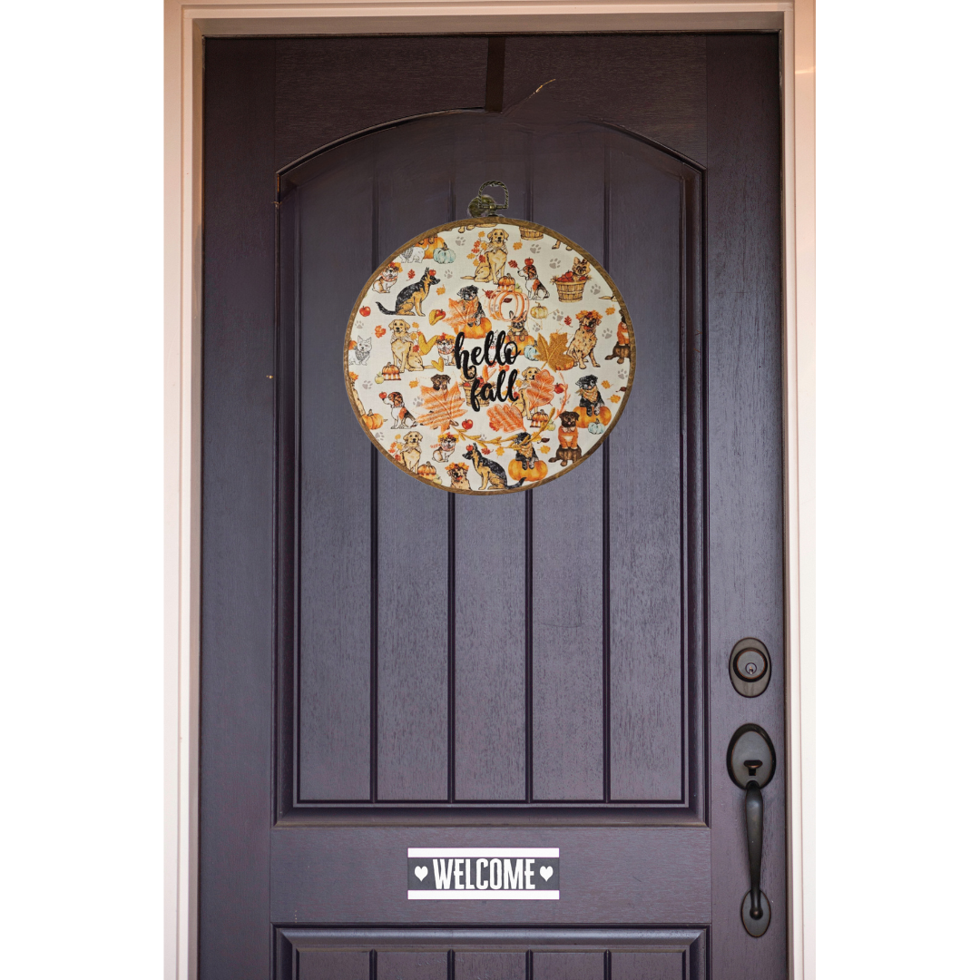 Dog Pumpkins Hello Fall Embroidery Wreath Wall Hanging