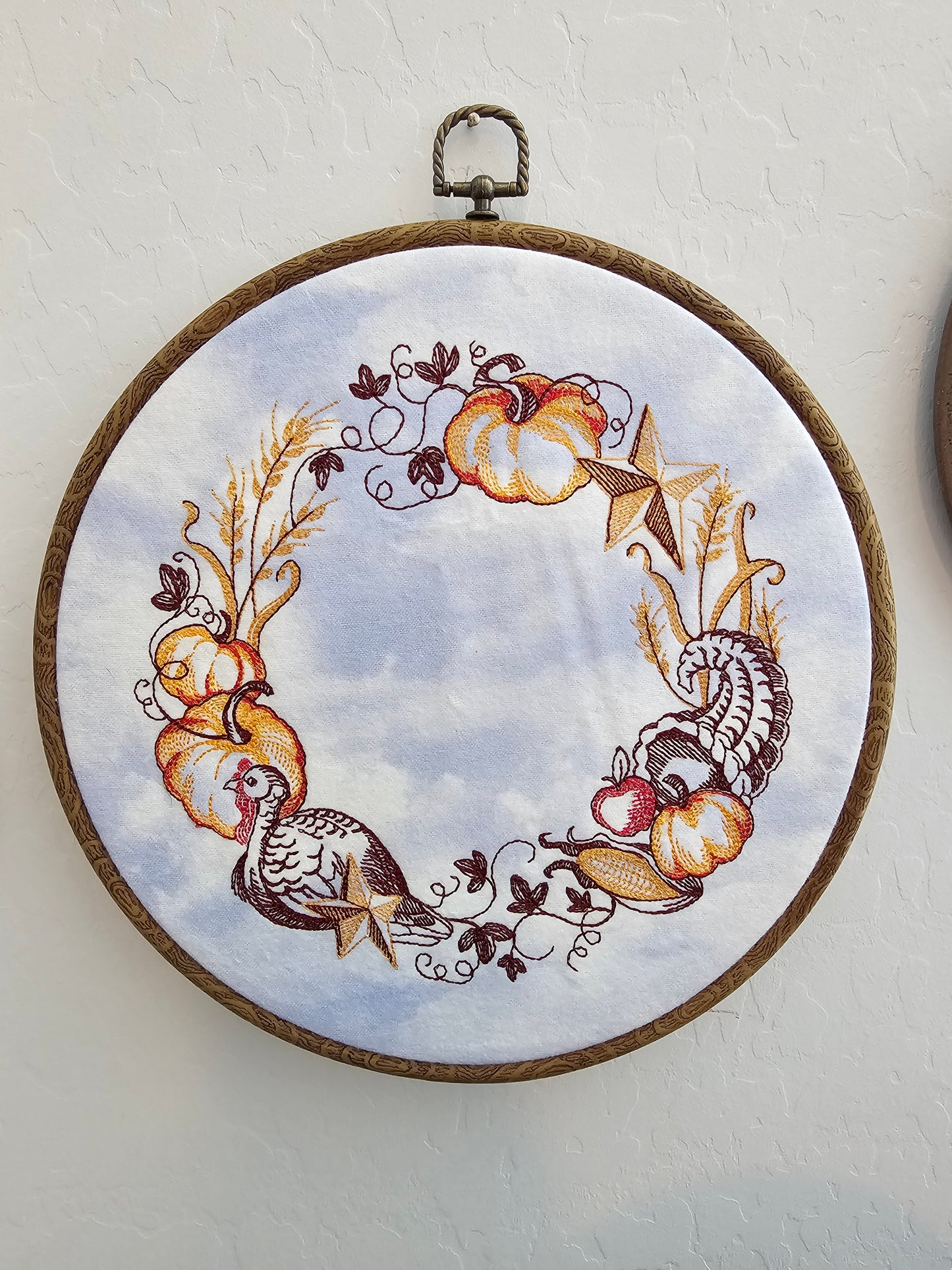 Thanksgiving Turkey Embroidery Wreath Wall Hanging