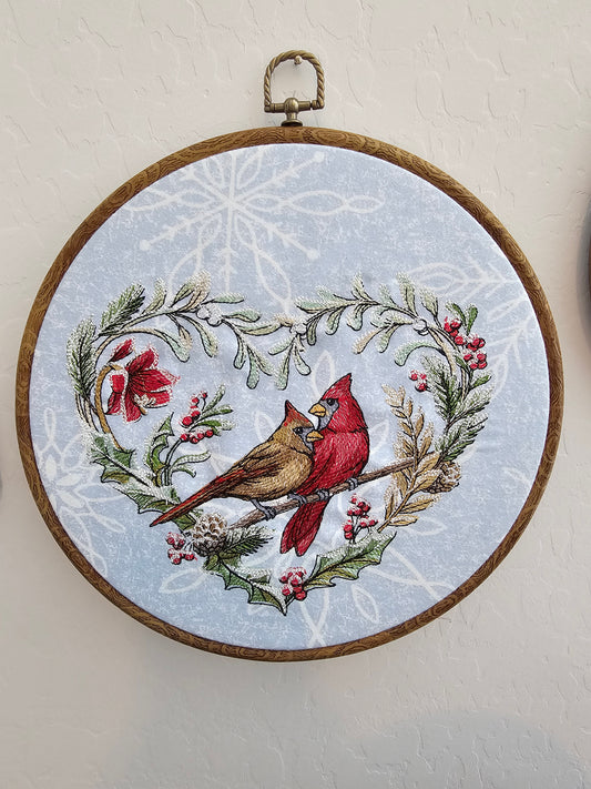 Cardinal Winter Heart Embroidery Wreath Wall Hanging