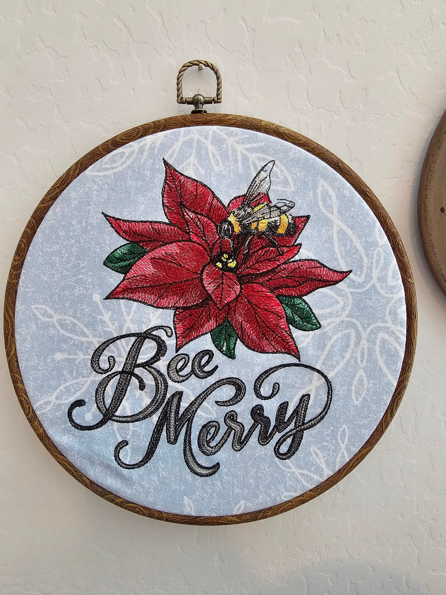 Bee Merry Poinsettia Embroidery Wreath Wall Hanging