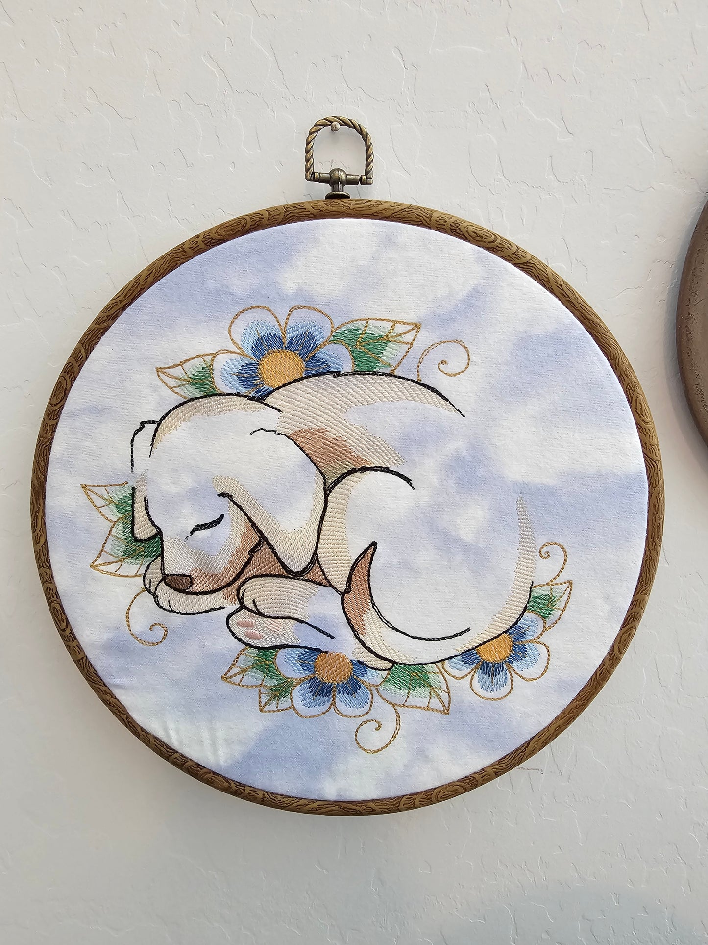 Sleeping Puppy Embroidery Wreath Wall Hanging