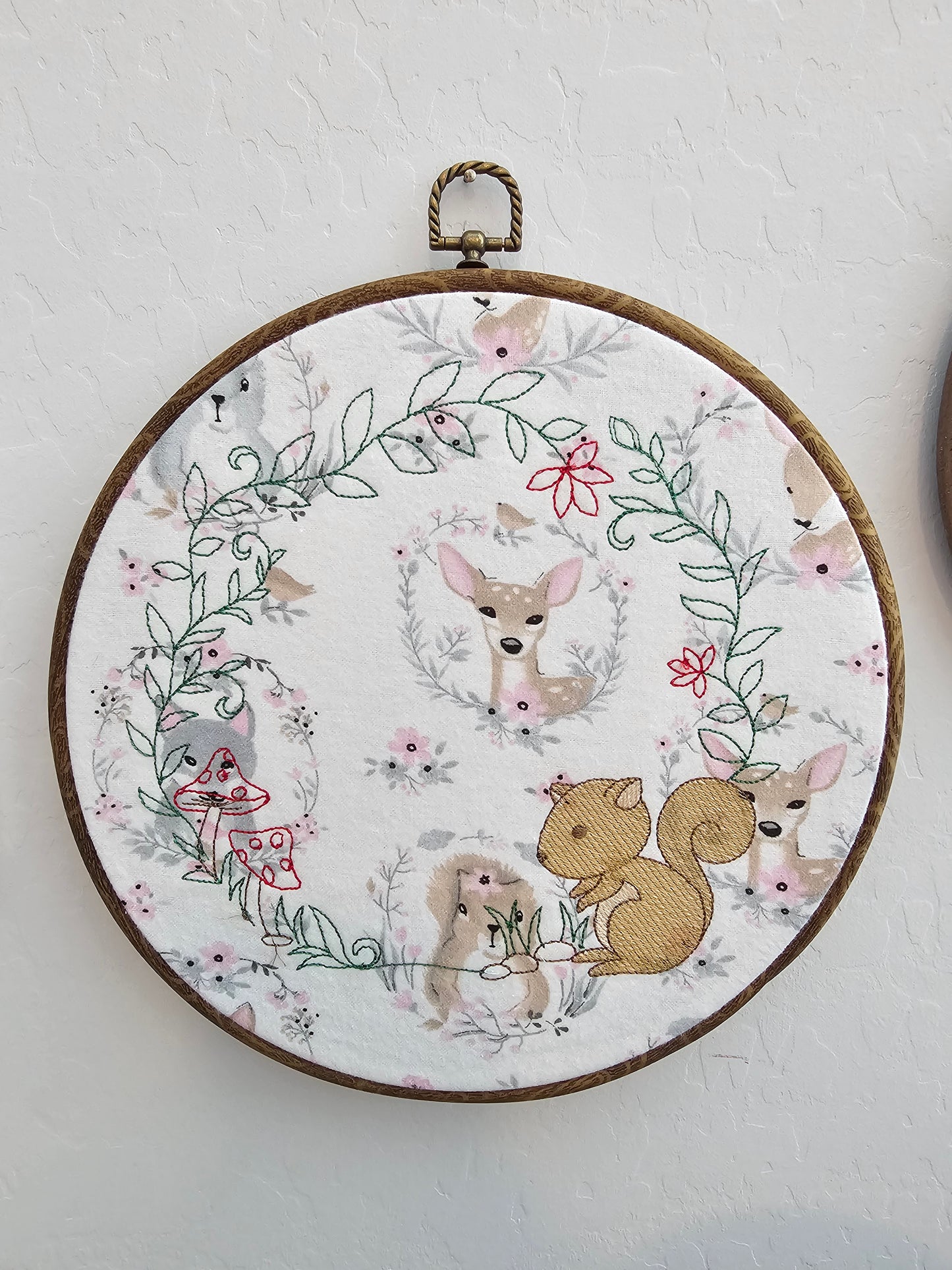 Nursery Squirrel Embroidery Wreath Wall Hanging